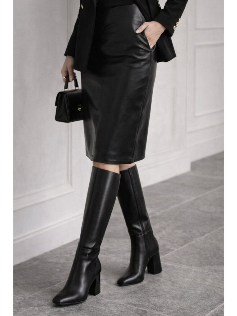 Paige Black Leather Knee High Boots Block Heel Minimalist Tall Zip Riding Boots
